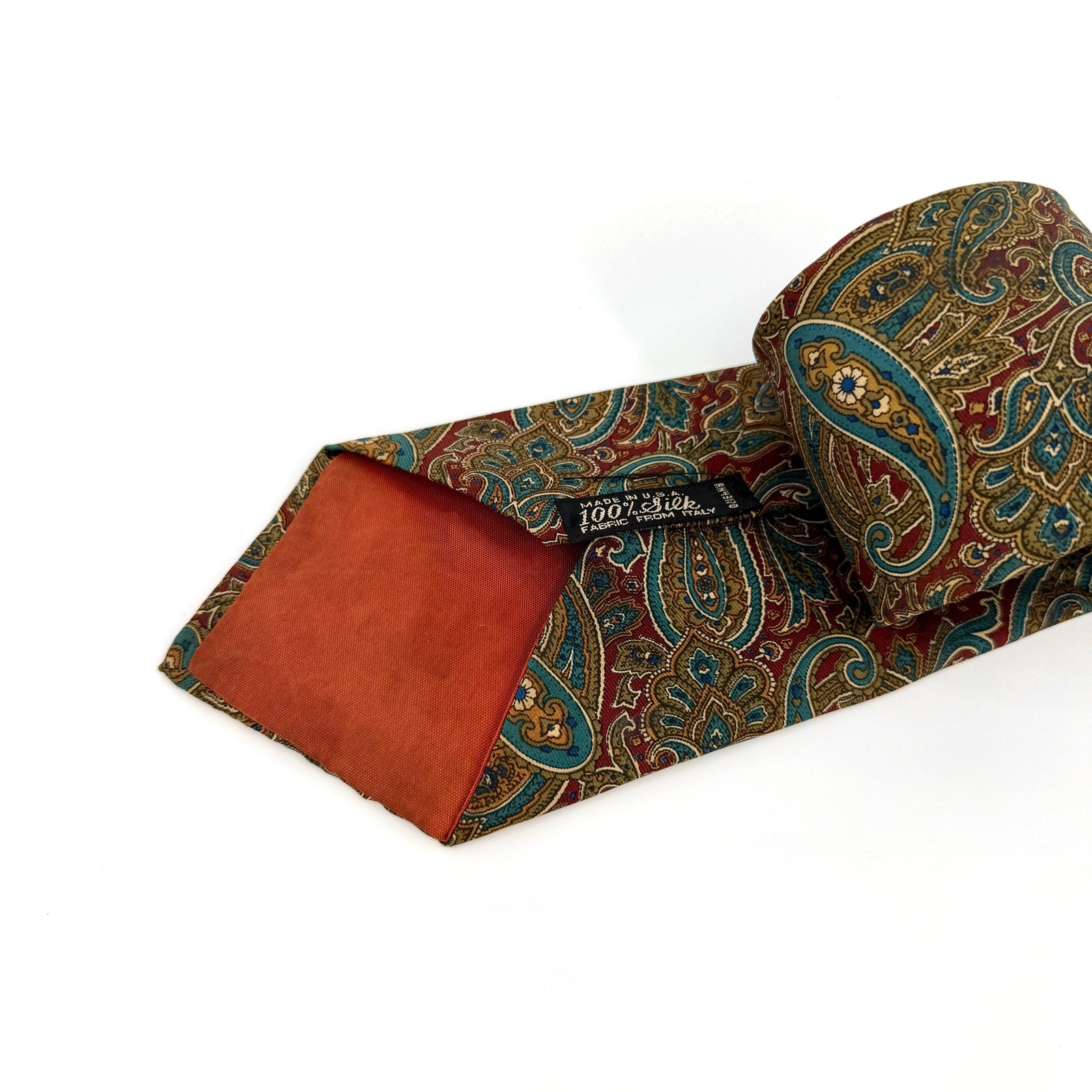 Vintage 80s Oleg Cassini Brick Red 100% Silk Olive Paisley Wide Necktie