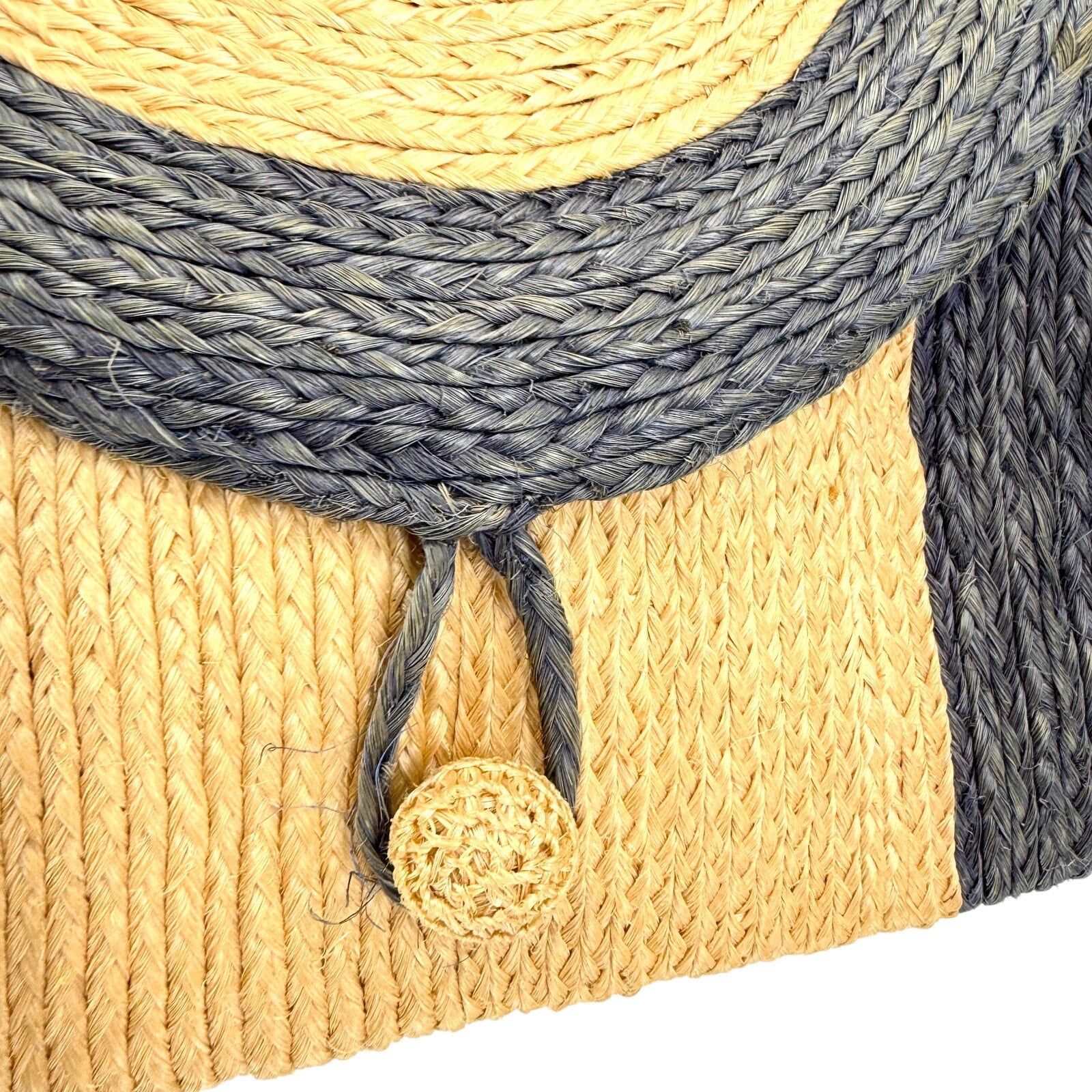 Vintage 80s Tan Blue Woven Straw Stripe Flap Shoulder Bag Purse