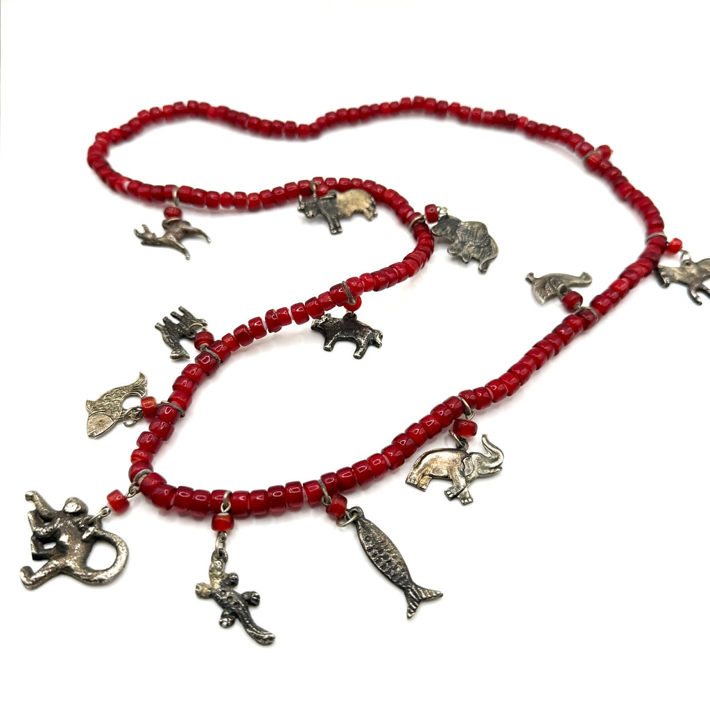 Vintage 90s Red Glass Beaded Safari Animal Multi Charm Necklace