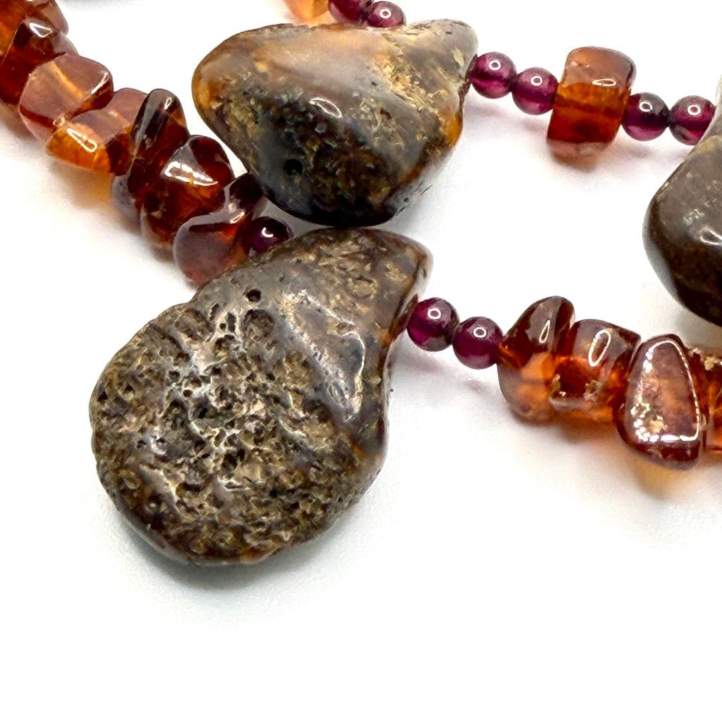 Vintage 90s Raw Amber Garnet Organic Double Strand Toggle Statement Necklace
