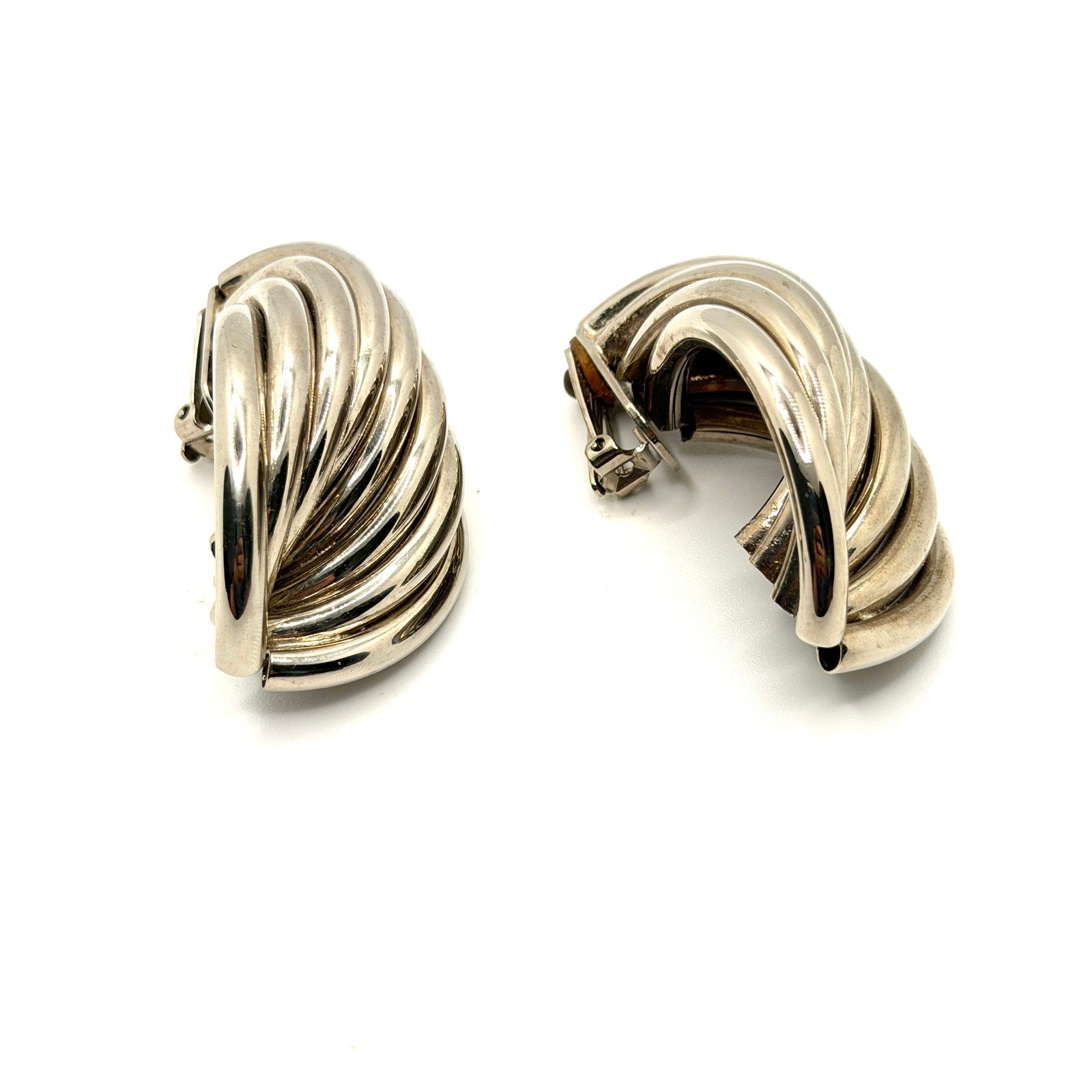 Vintage 80s Bold Sterling Silver Tubular Shrimp Swirl Hoop Clip Earrings