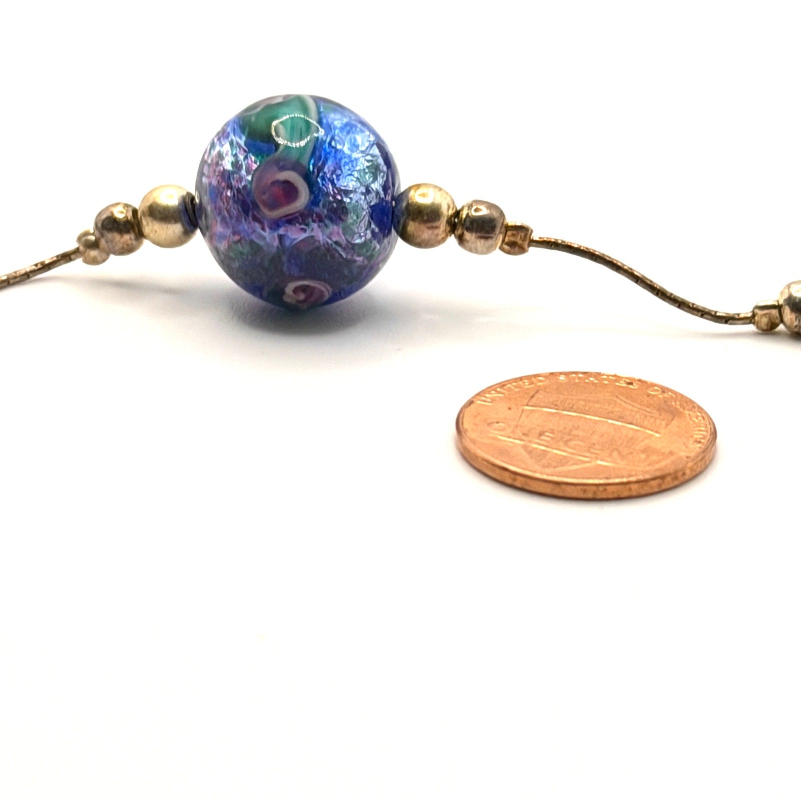 Vintage 90s Blue Glass Lampwork Floral Hand Blown Necklace