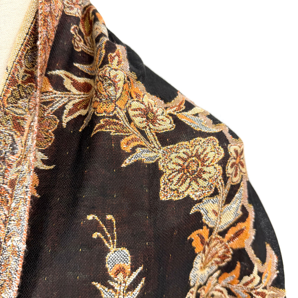 Black Brown Woven Jacquard Paisley Floral Fringe Wrap Shawl