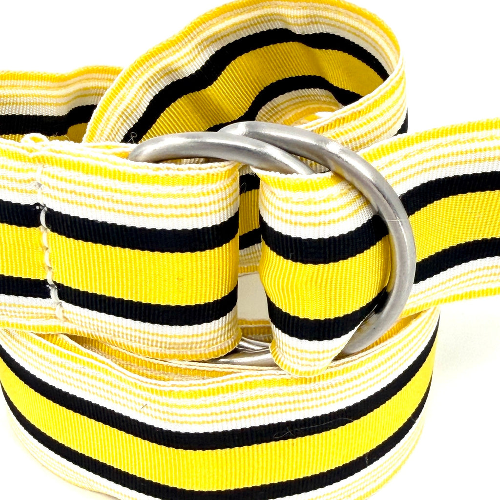 Vintage 90s J.Crew Yellow Black Striped Preppy Grosgrain D-Ring Ribbon Belt
