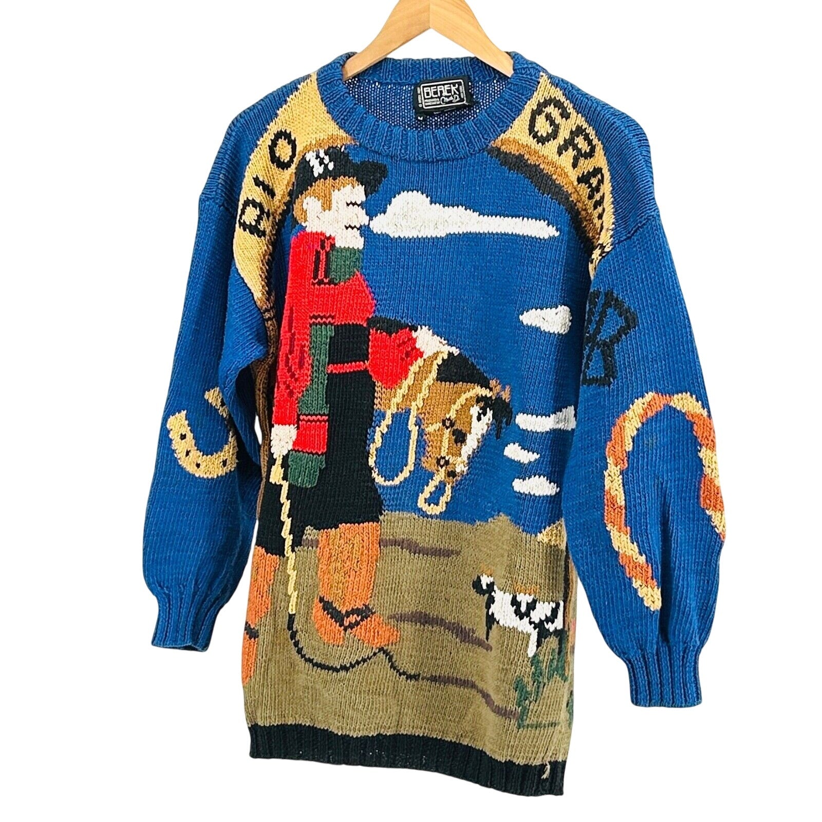 Vintage 80s Berek Rio Grande Texas Cowboy Graphic Hand Knit Cotton Sweater