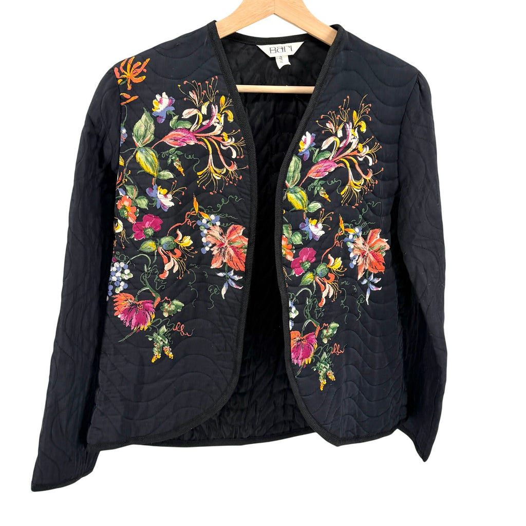 Vintage 90s Bari Black Floral Wearable Art Quilted Open Front Jacket