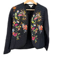 Vintage 90s Bari Black Floral Wearable Art Quilted Open Front Jacket