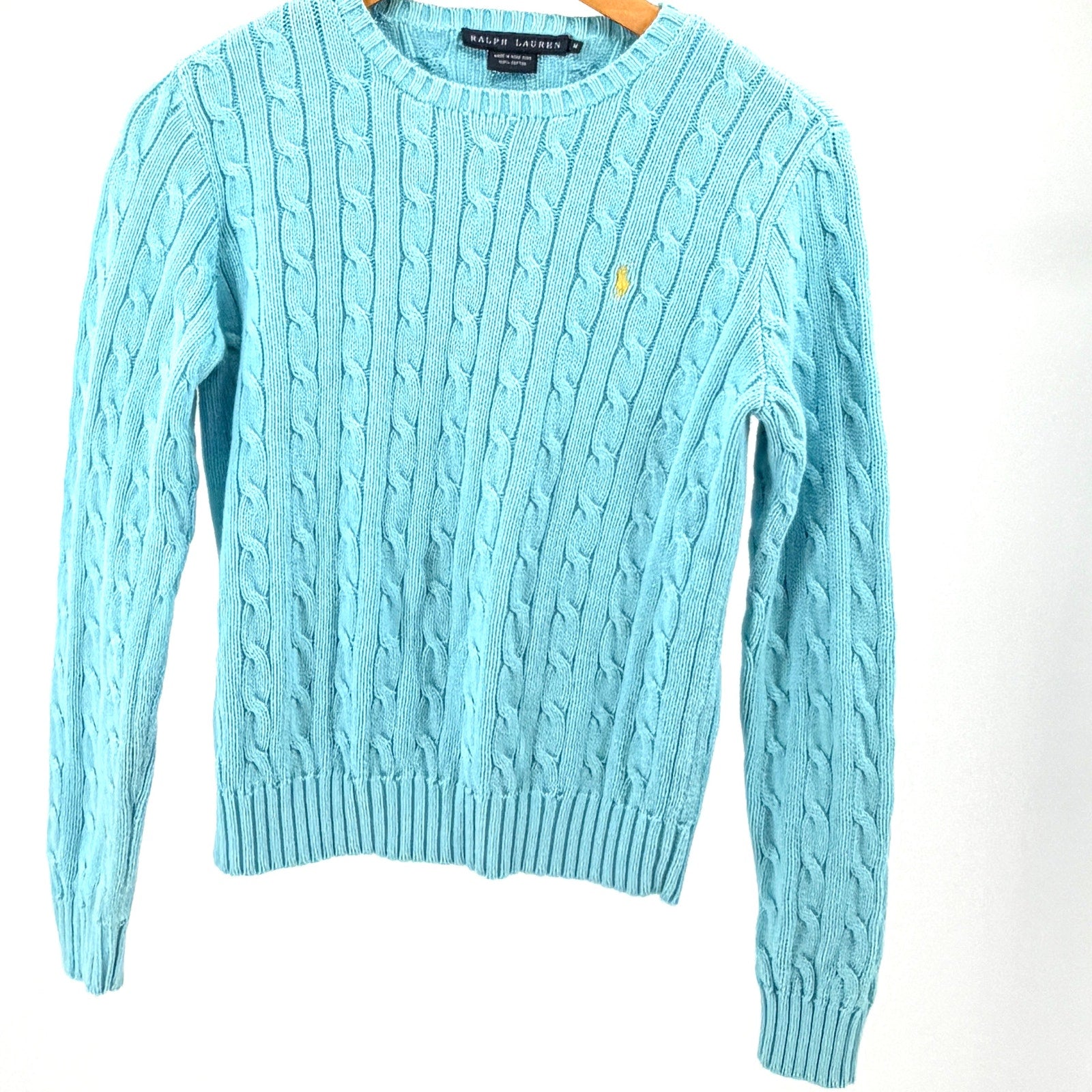 Vintage Y2K Ralph Lauren Light Blue 100% Cotton Cable Knit Sweater