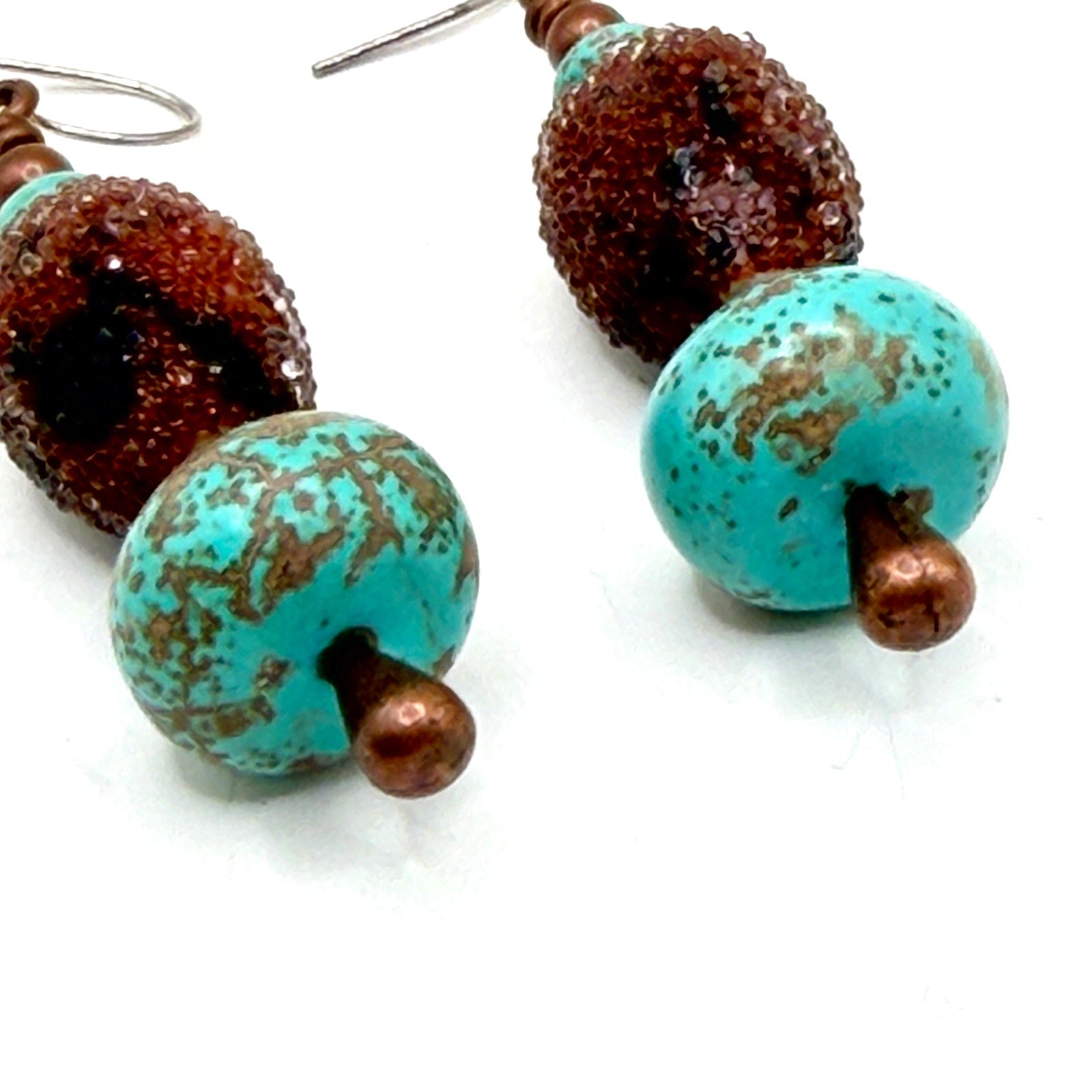 Vintage 90s Turquoise Gourd Glass Bead Chandelier Drop Earrings