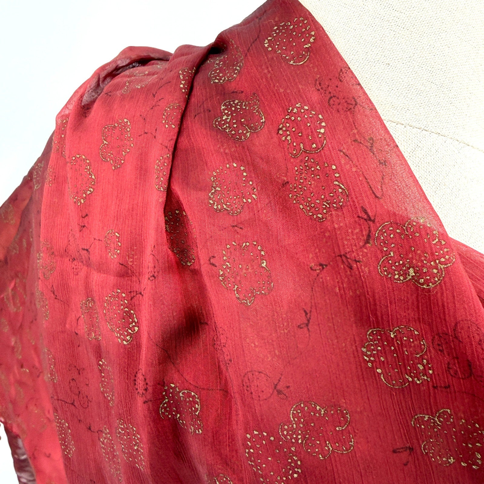 Vintage 90s Red Iridescent Chiffon Black Fringe Evening Wrap Scarf
