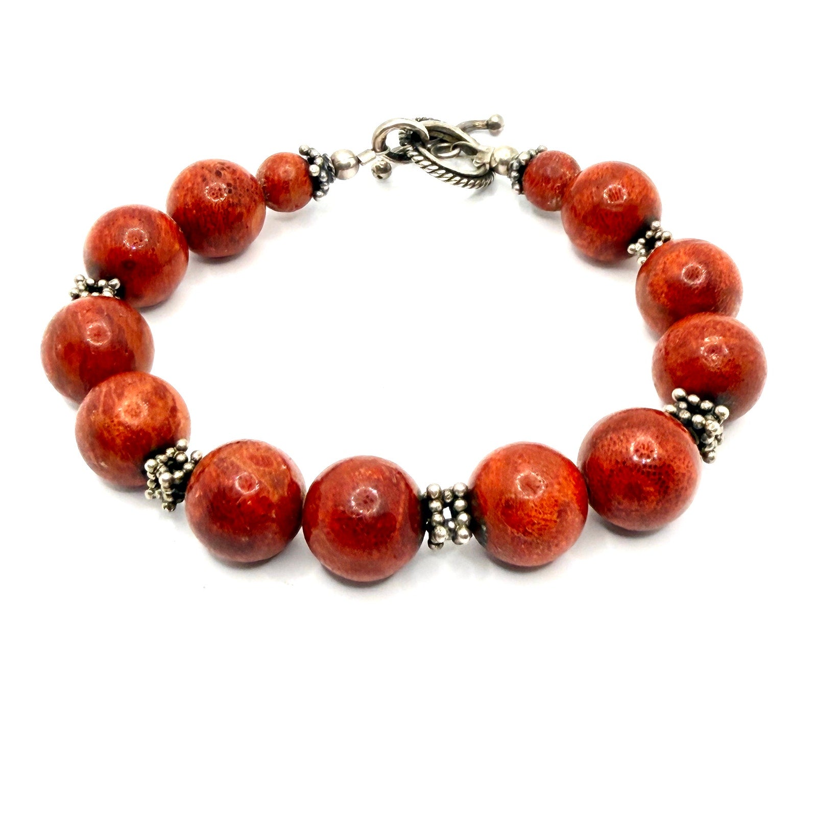 Vintage 90s Red Coral Bead Sterling Silver Toggle Bracelet