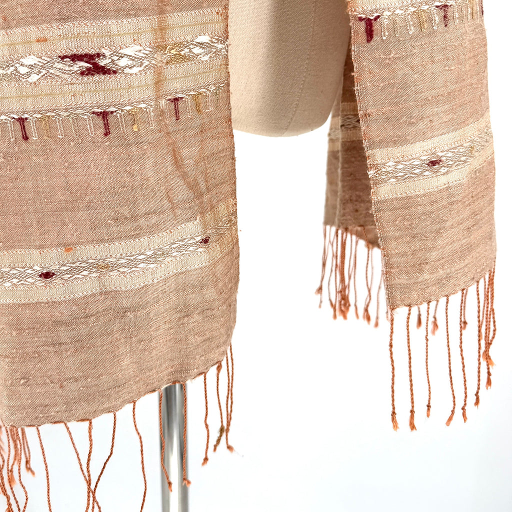 Beige 100% Silk Tribal Woven Raw Texture Fringe Wrap Scarf