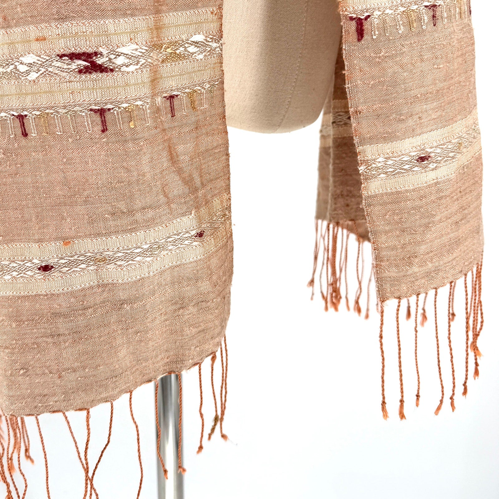 Beige 100% Silk Tribal Woven Raw Texture Fringe Wrap Scarf