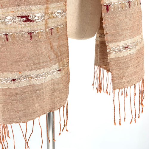 Beige 100% Silk Tribal Woven Raw Texture Fringe Wrap Scarf