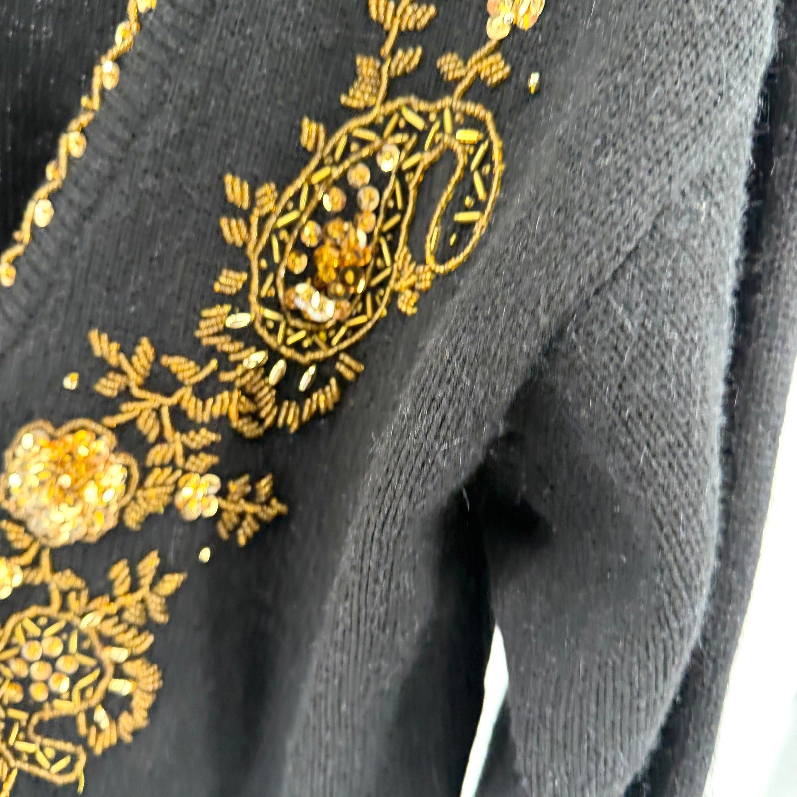Vintage 90s Alfred Dunner Black Gold Sequin Beaded Cardigan