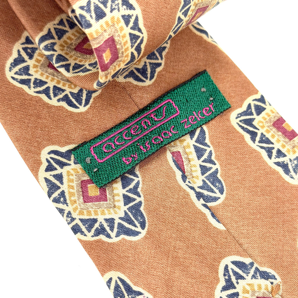 Vintage 90s Accents by Isaac Zelcer Beige Geometric 100% Silk Abstract Necktie