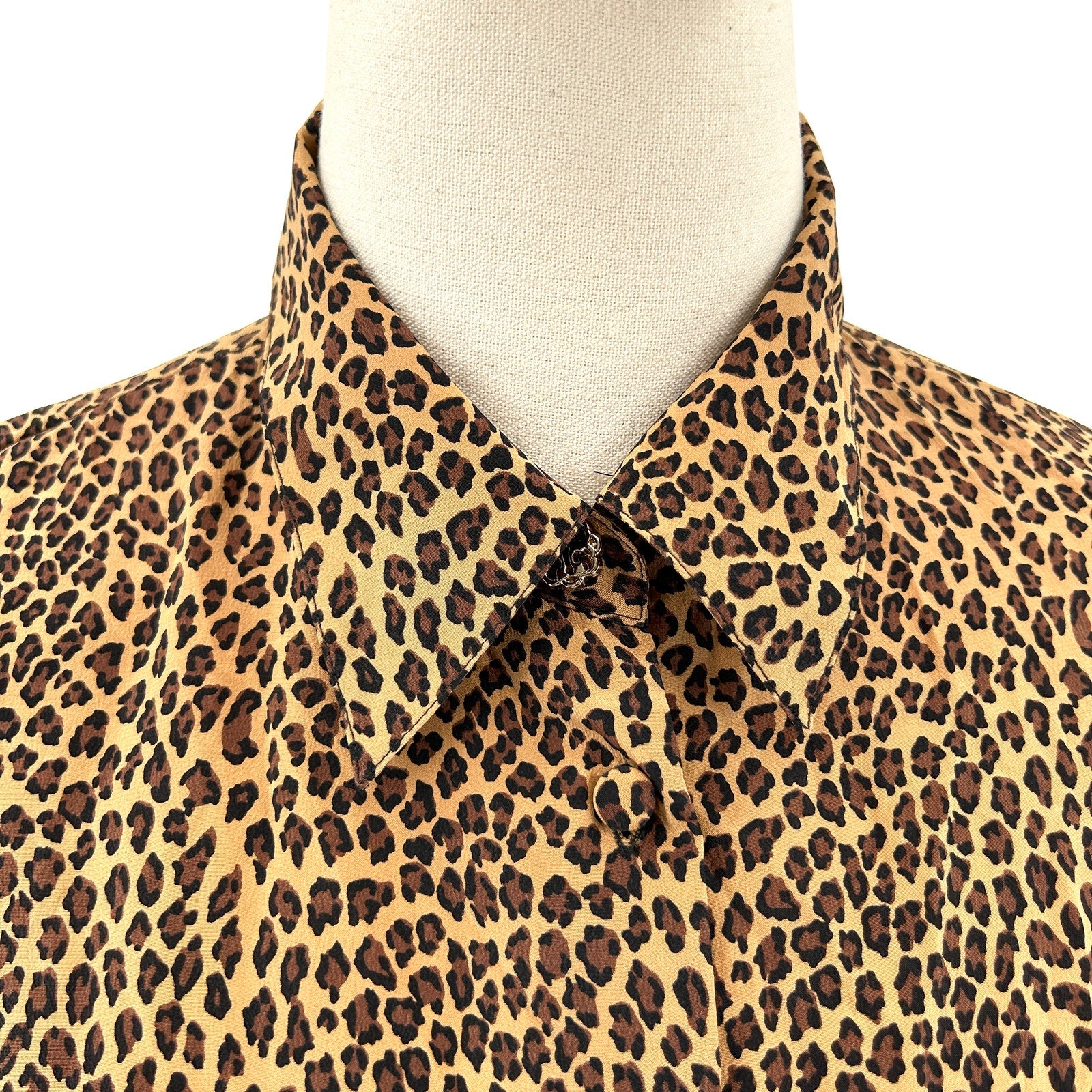 Vintage 90s Allison Taylor Tan Brown Leopard Print Silk Blouse