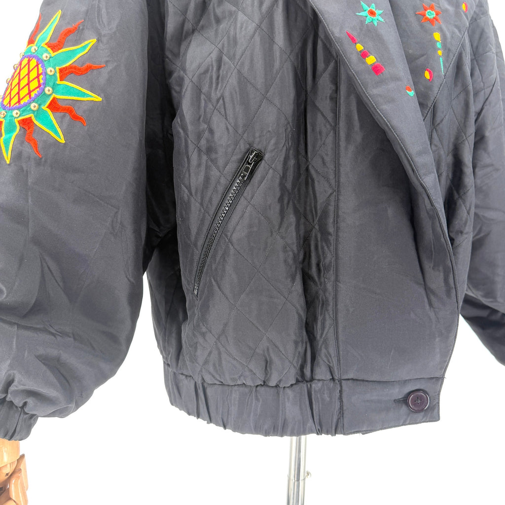 Vintage 90s I.B. Diffusion Black 100% Silk Embroidered Studded Bomber Jacket
