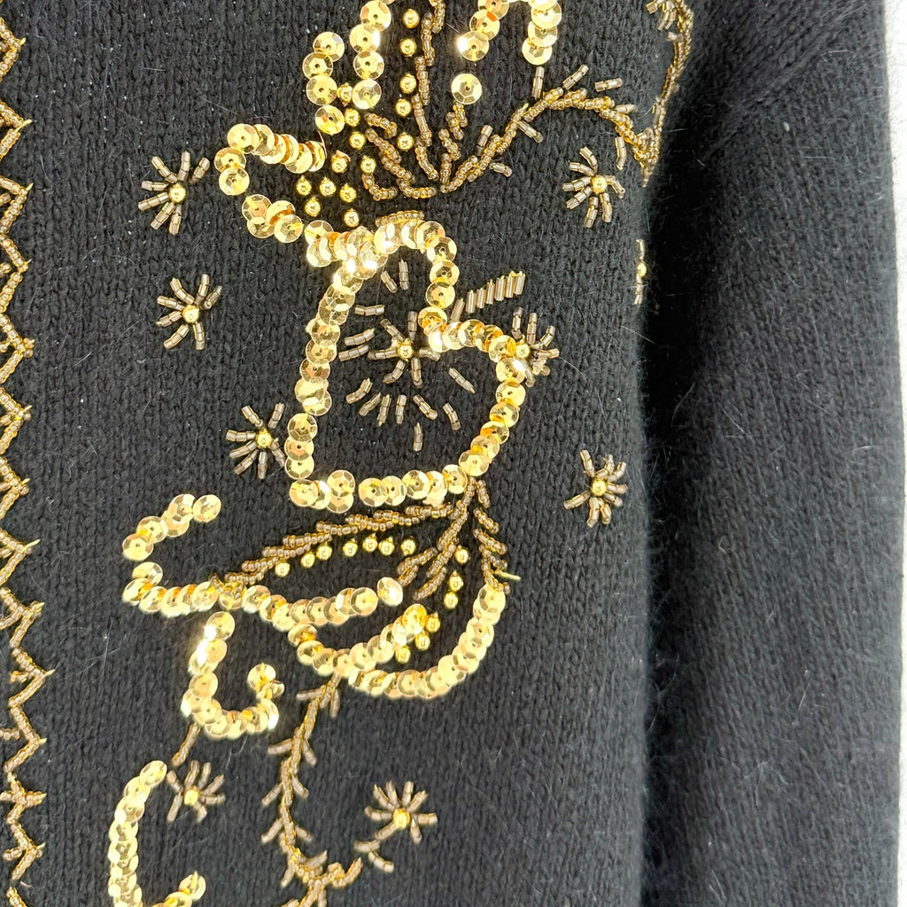 Vintage 90s Karen Scott Black Gold Sequin Beaded Holiday Cardigan