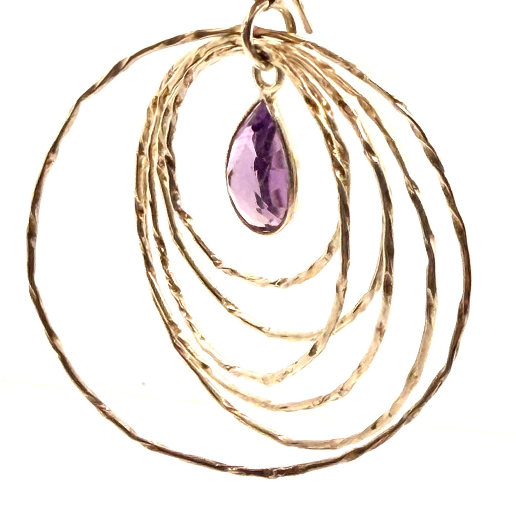Vintage 90s Sterling Silver Amethyst Hammered Concentric Ring Drop Earrings