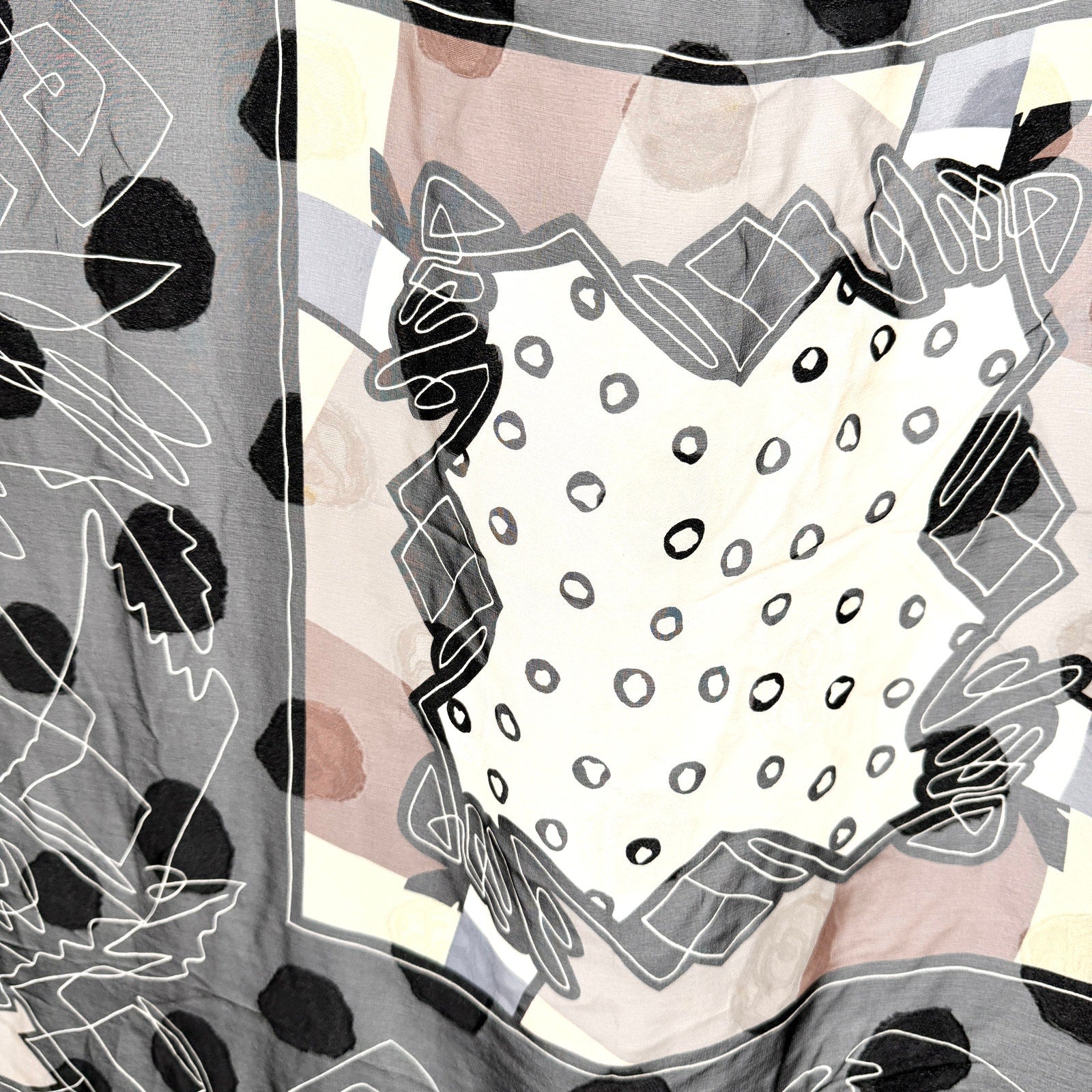 Vintage 90s Hiroko Kapp Black & Beige Abstract Geometric 100% Silk Scarf