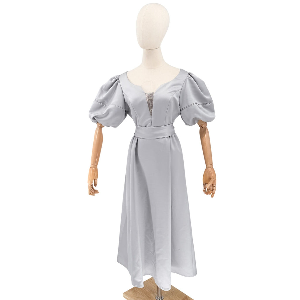 Vintage 80s John Powell Carriage House Silver Beaded Puff Sleeve Dress