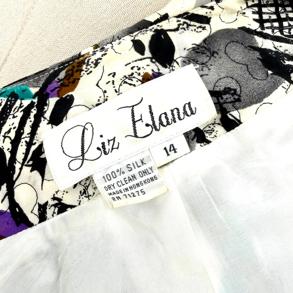 Vintage 80s Liz Elana White Black Abstract 100% Silk Quilted Peplum Jacket