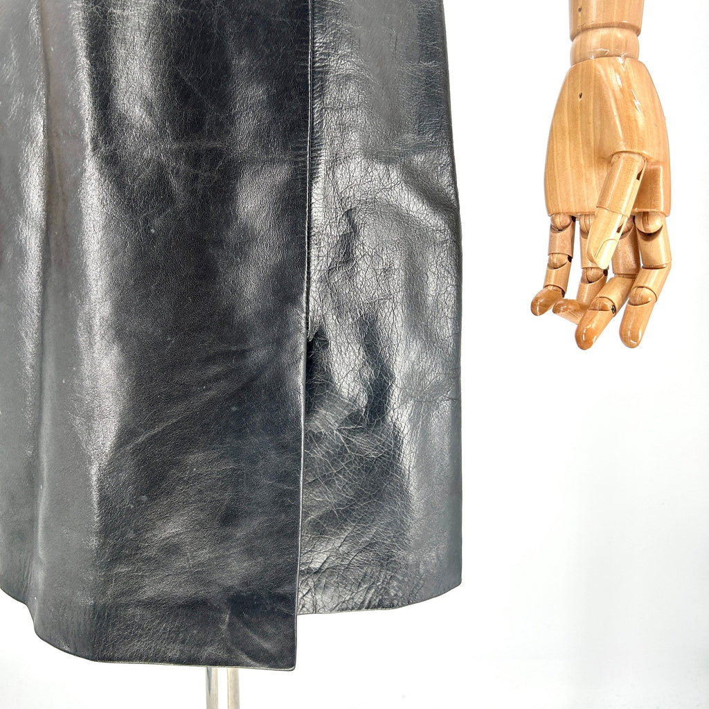 Vintage 90s Ann Taylor Black Genuine Leather Skirt with Horsebit Waist Detail
