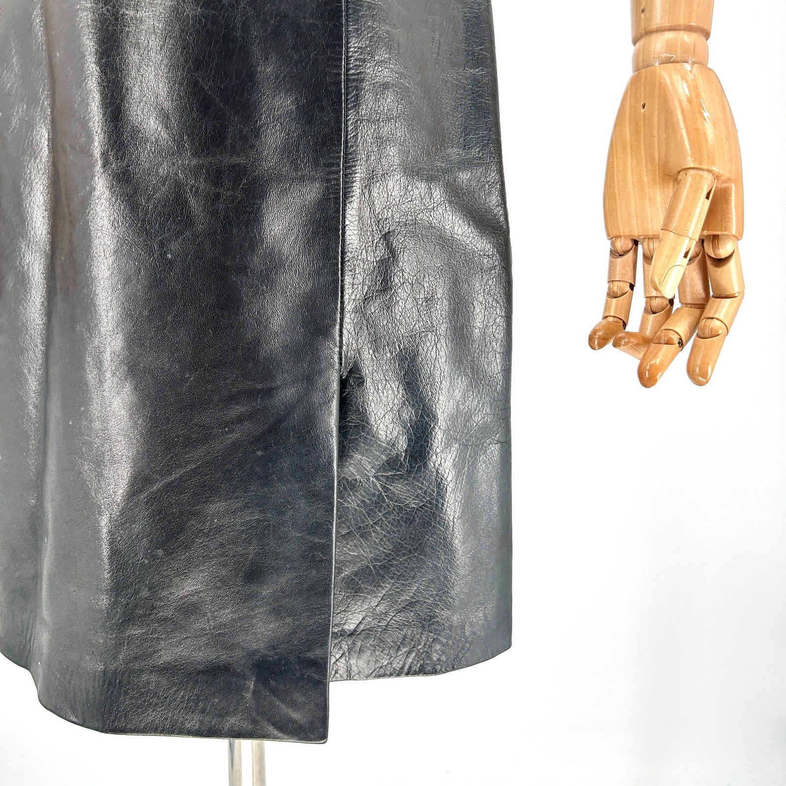Vintage 90s Ann Taylor Black Genuine Leather Skirt with Horsebit Waist Detail