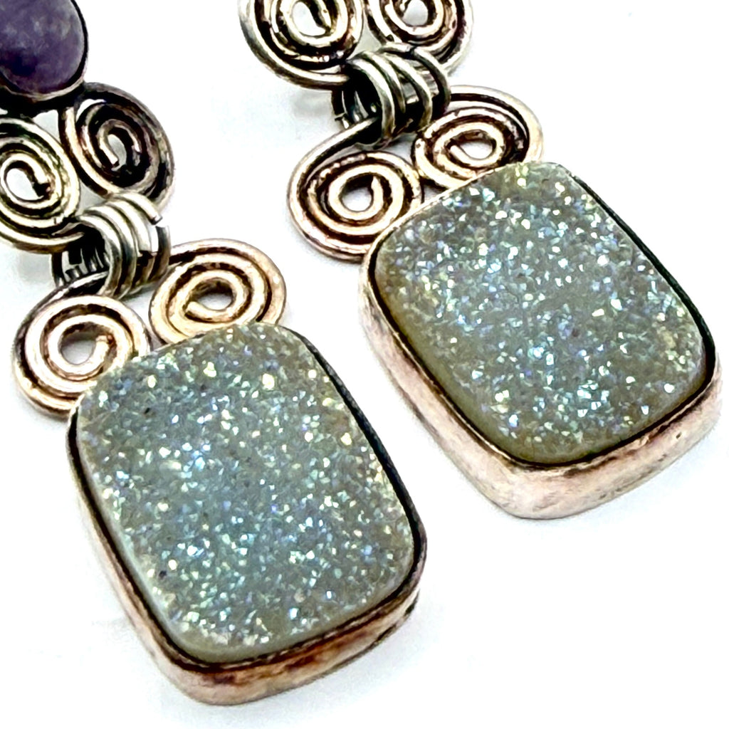 Vintage 90s Sterling Silver Amethyst Druzy Scroll Drop Earrings