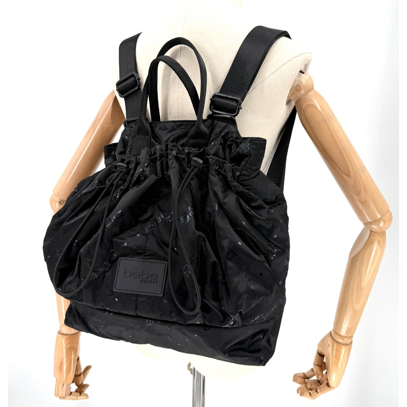 Vintage Y2K Bebe Sport Black Satin Logo Print Bungee Backpack