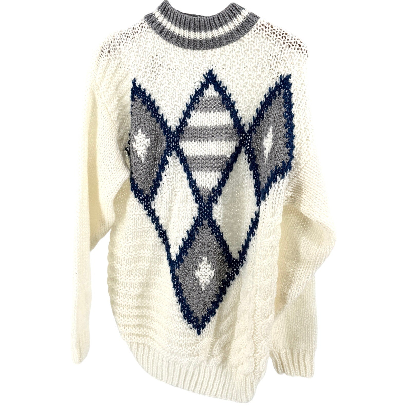 Vintage 80s J.T. Beckett White Blue Diamond Pattern Oversized Ski Sweater