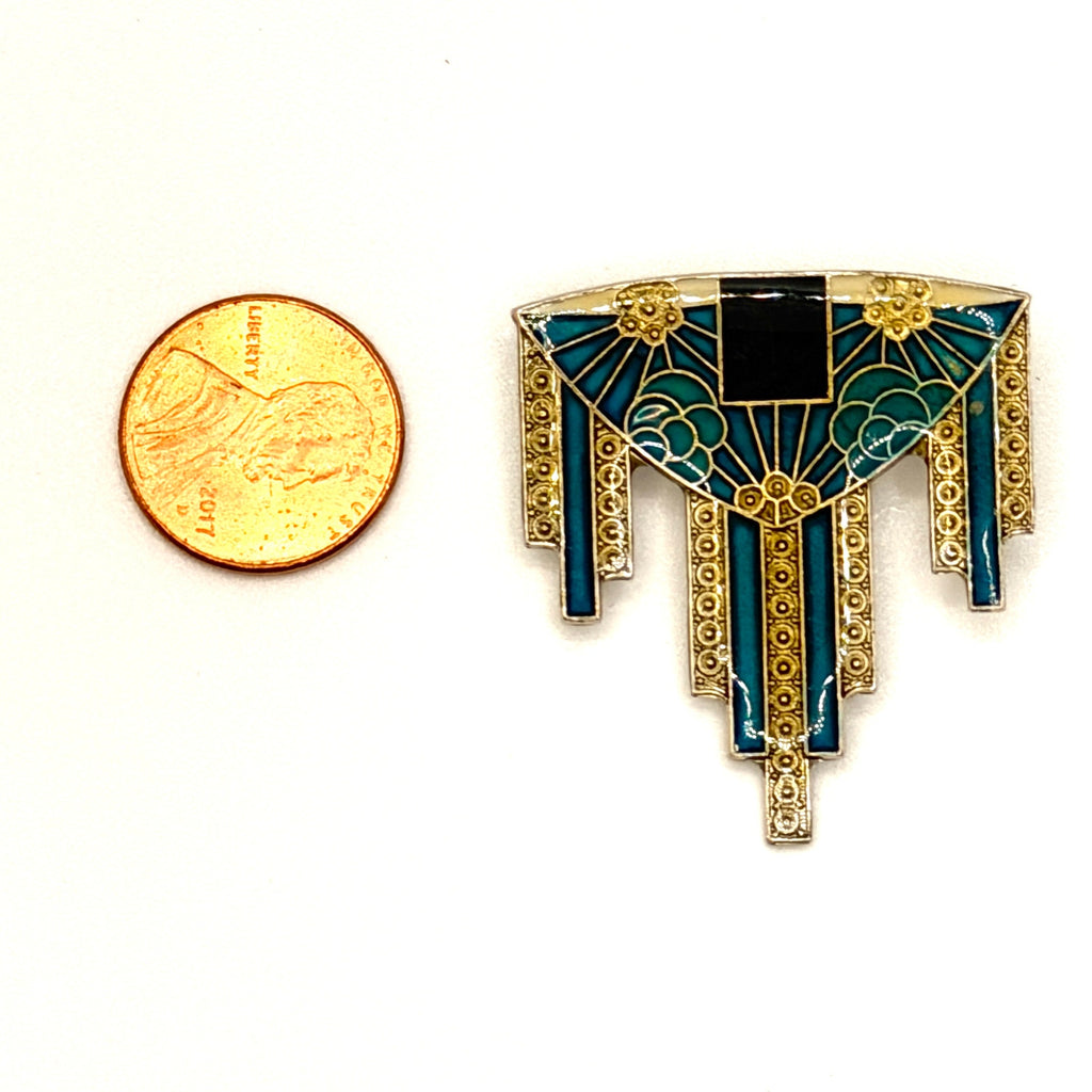 Vintage 90s Teal Enamel Gold Tone Art Deco Revival Geometric Fan Brooch Pin