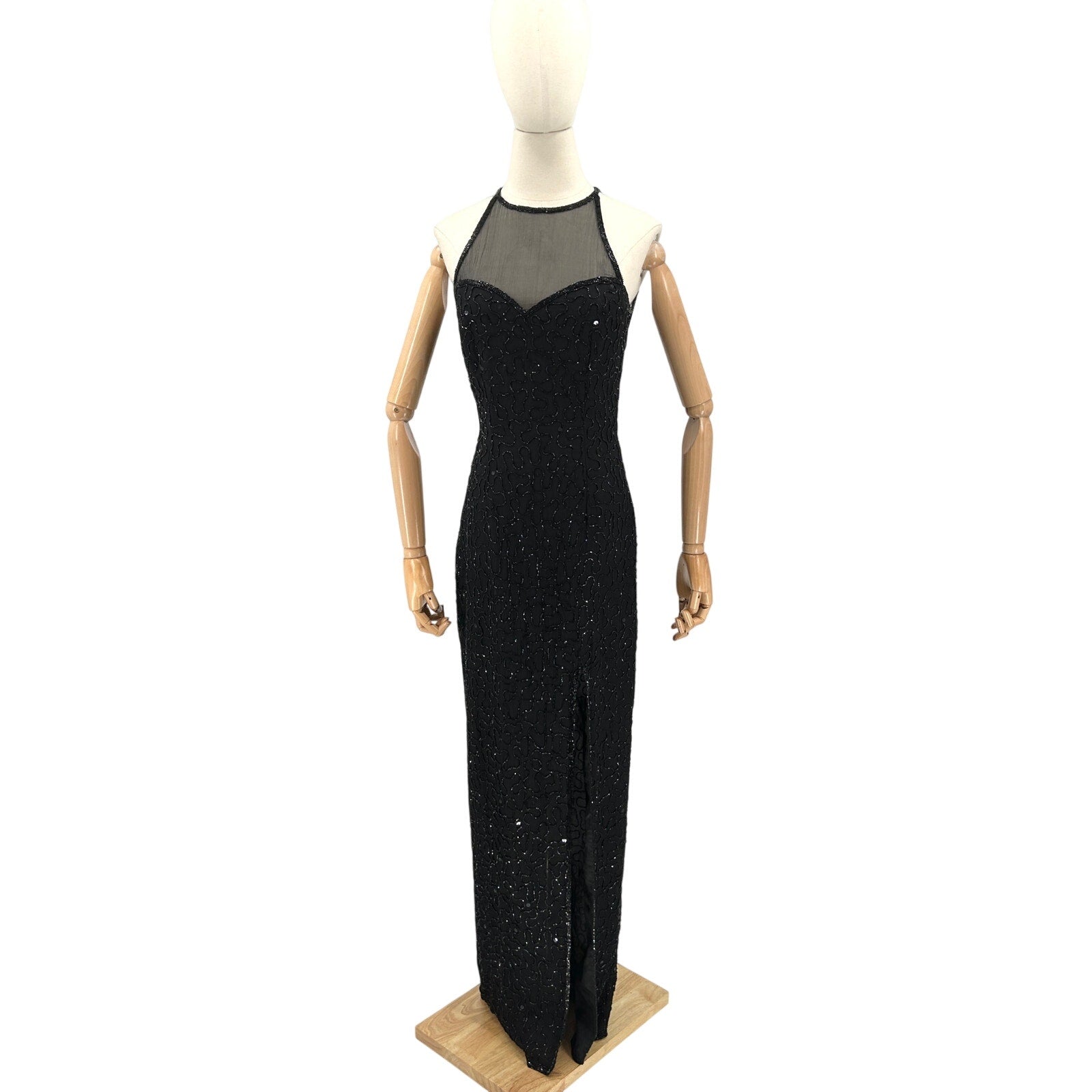 Vintage 90s Scala Black 100% Pure Silk Beaded Lattice Back Gown