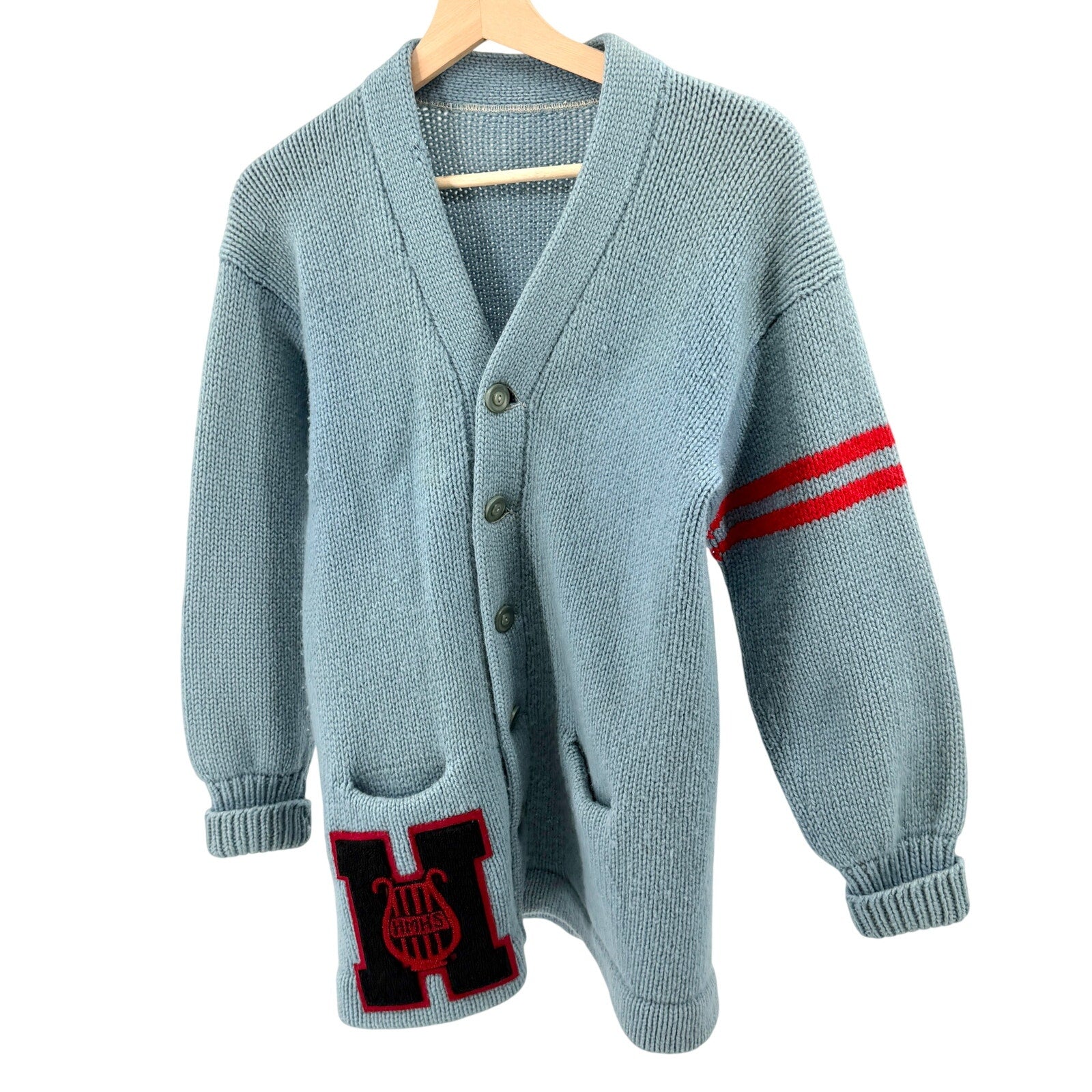 Vintage 70s Light Blue Varsity Letterman Cardigan Sweater
