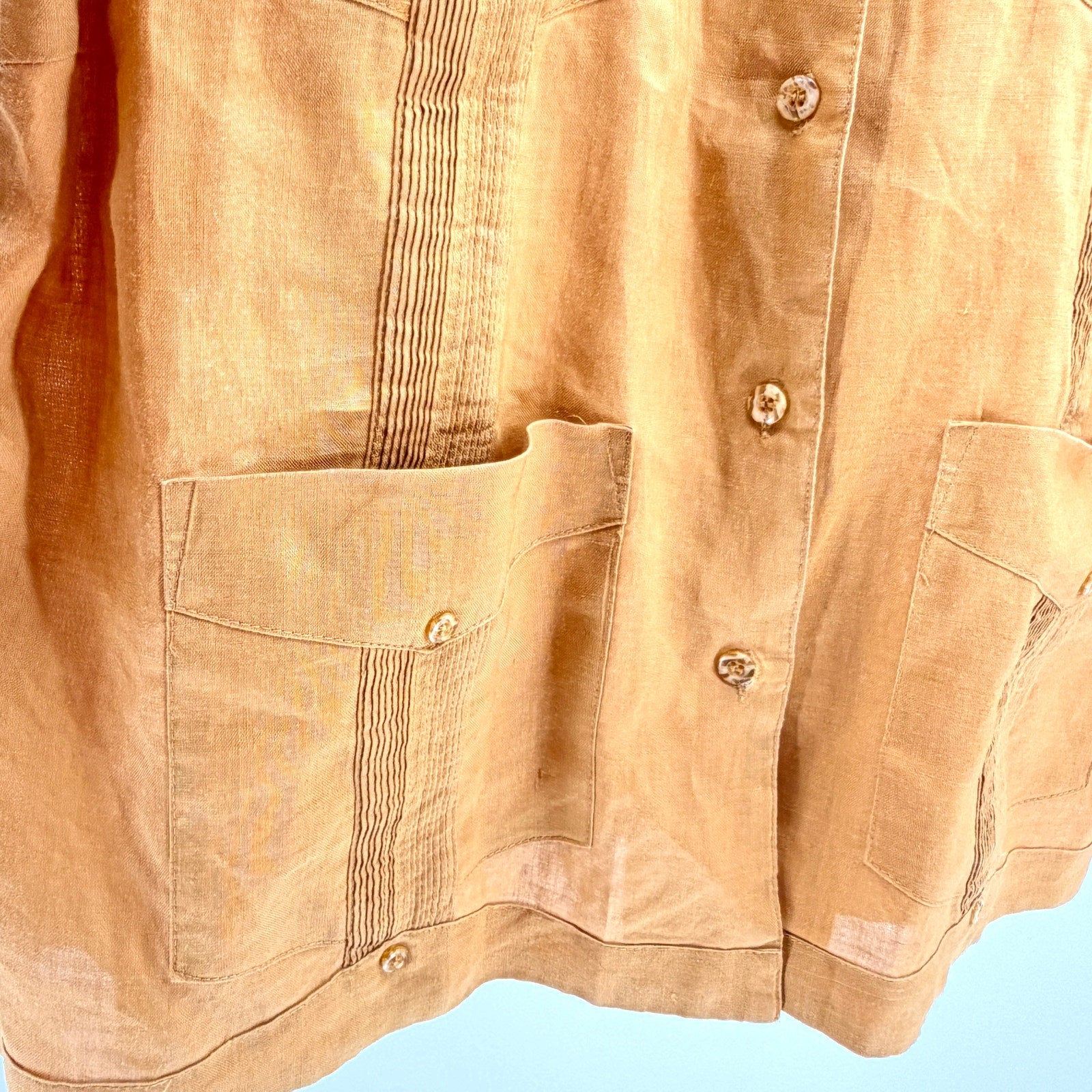 Vintage Y2K J.M.P. Ochre Yellow Linen Keyhole Guayabera Blouse
