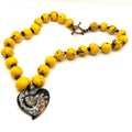 Vintage 90s Yellow Bombona Seed Boho Lampwork Glass Heart Toggle Necklace