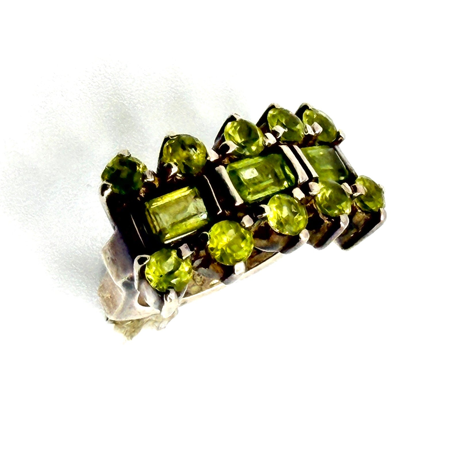 Vintage 90s Sterling Silver Stamped Peridot Triple Row Cluster Statement Ring