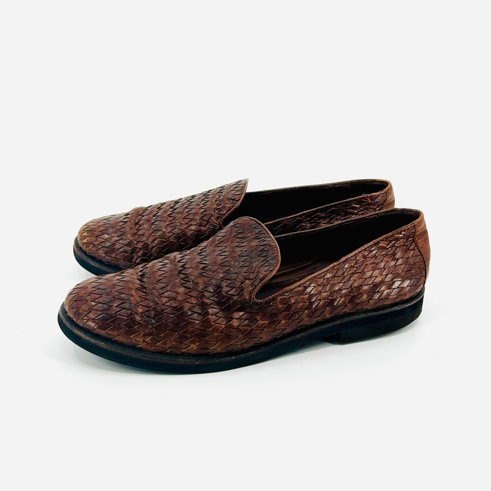 Vintage 80s Cole Haan Brown Woven Leather Loafers Made in Brazil