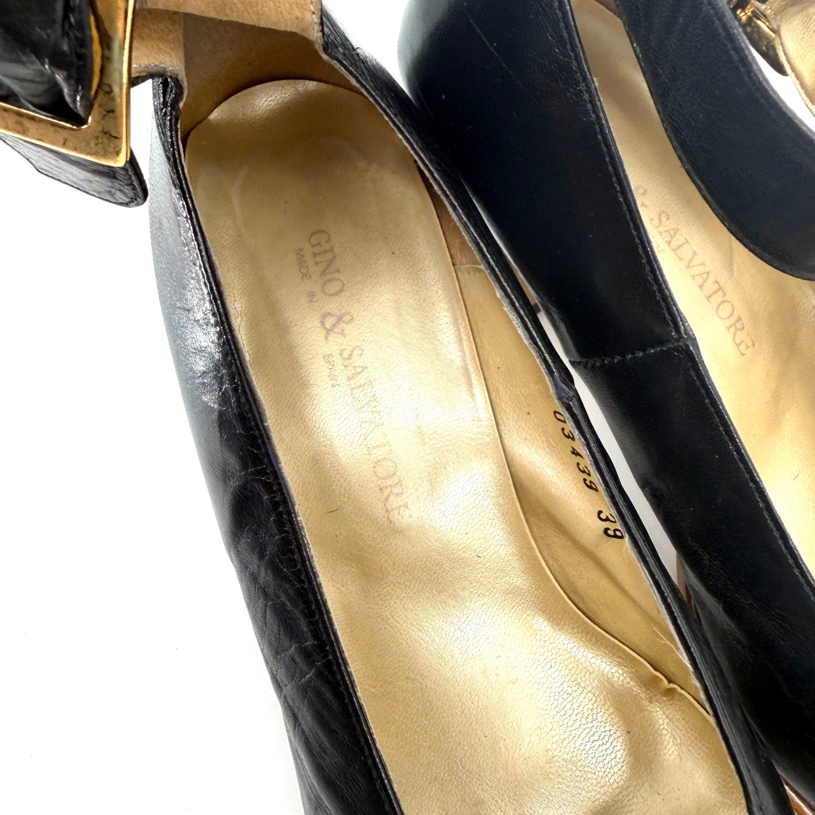 Vintage 90s Gino & Salvatore Black Leather Glam Block Heel Mary Jane Pumps
