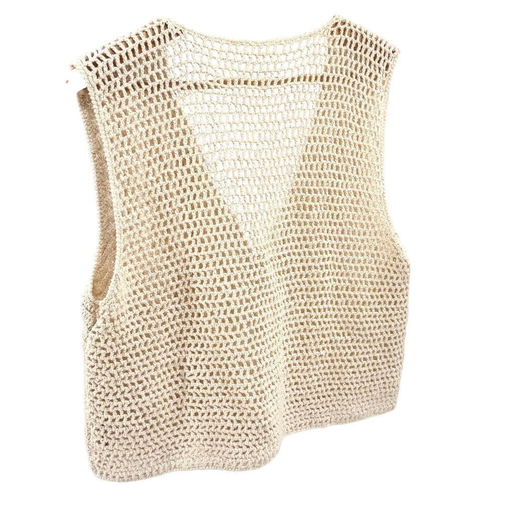 Vintage 90s Cream Ivory 100% Cotton Crochet Boho Button Front Vest