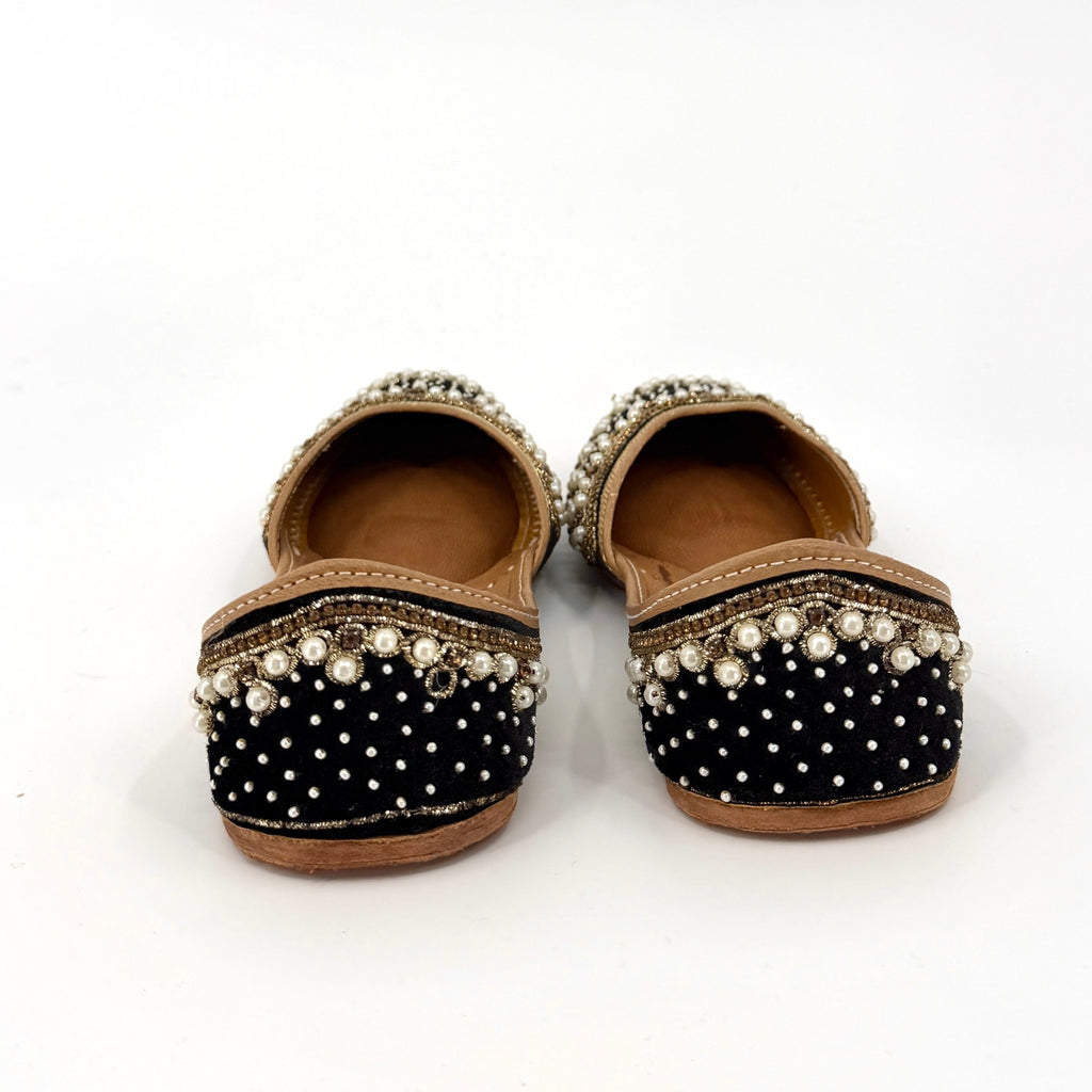 Black Velvet Genuine Leather Embellished Jutti Flats