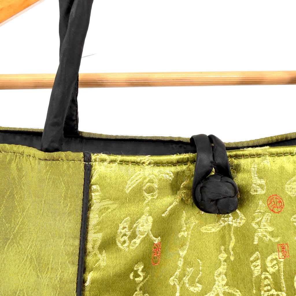 Vintage Y2K Chartreuse Green Padded Silk Embroidered Asian Tote Handbag