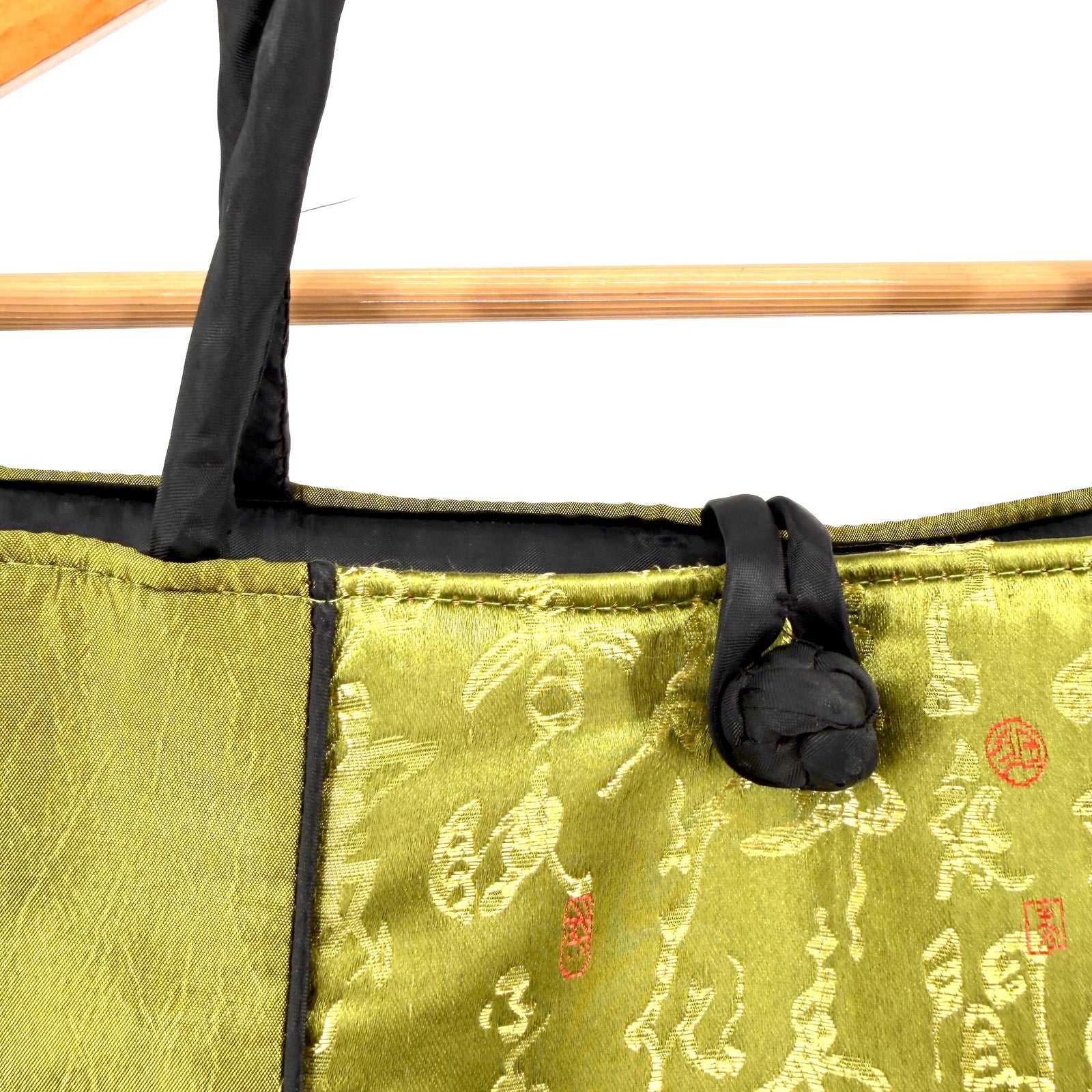 Vintage Y2K Chartreuse Green Padded Silk Embroidered Asian Tote Handbag