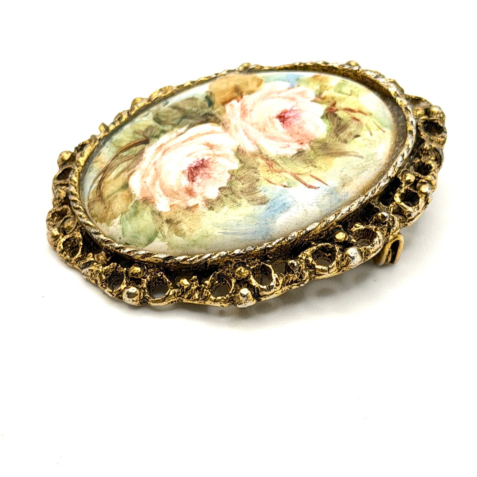 Vintage 60s Artist Signed Floral Porcelain Romantic Hand Painted Brooch