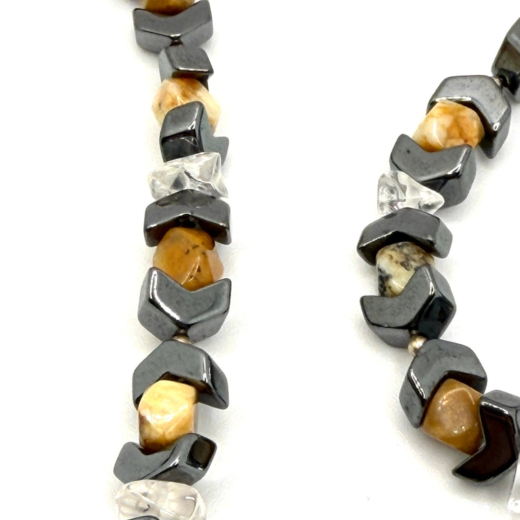 Vintage 90s Hematite Chevron Quartz Stone Necklace Bracelet Earring Set