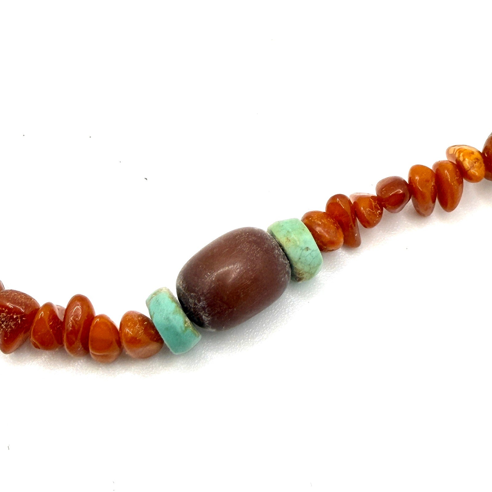 Vintage 90s Artisanal Carved Ram Turquoise Carnelian Beaded Necklace Earring Set