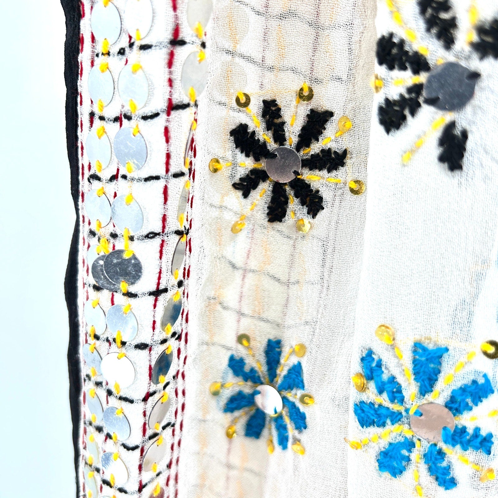 Vintage 90s Indian Dupatta Ivory Multicolor Embroidered 100% Silk Scarf