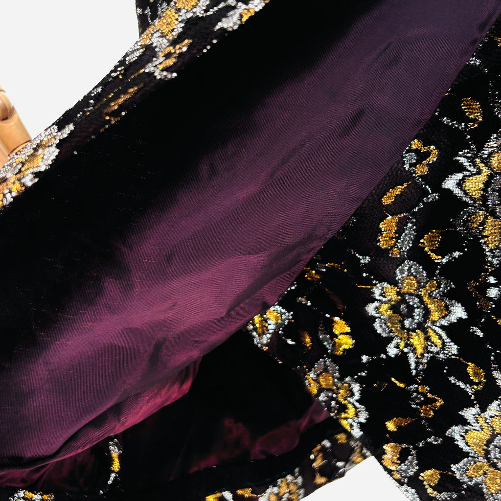 Vintage 50s/60s Black Gold Metallic Floral Lace Evening Cocktail Dress