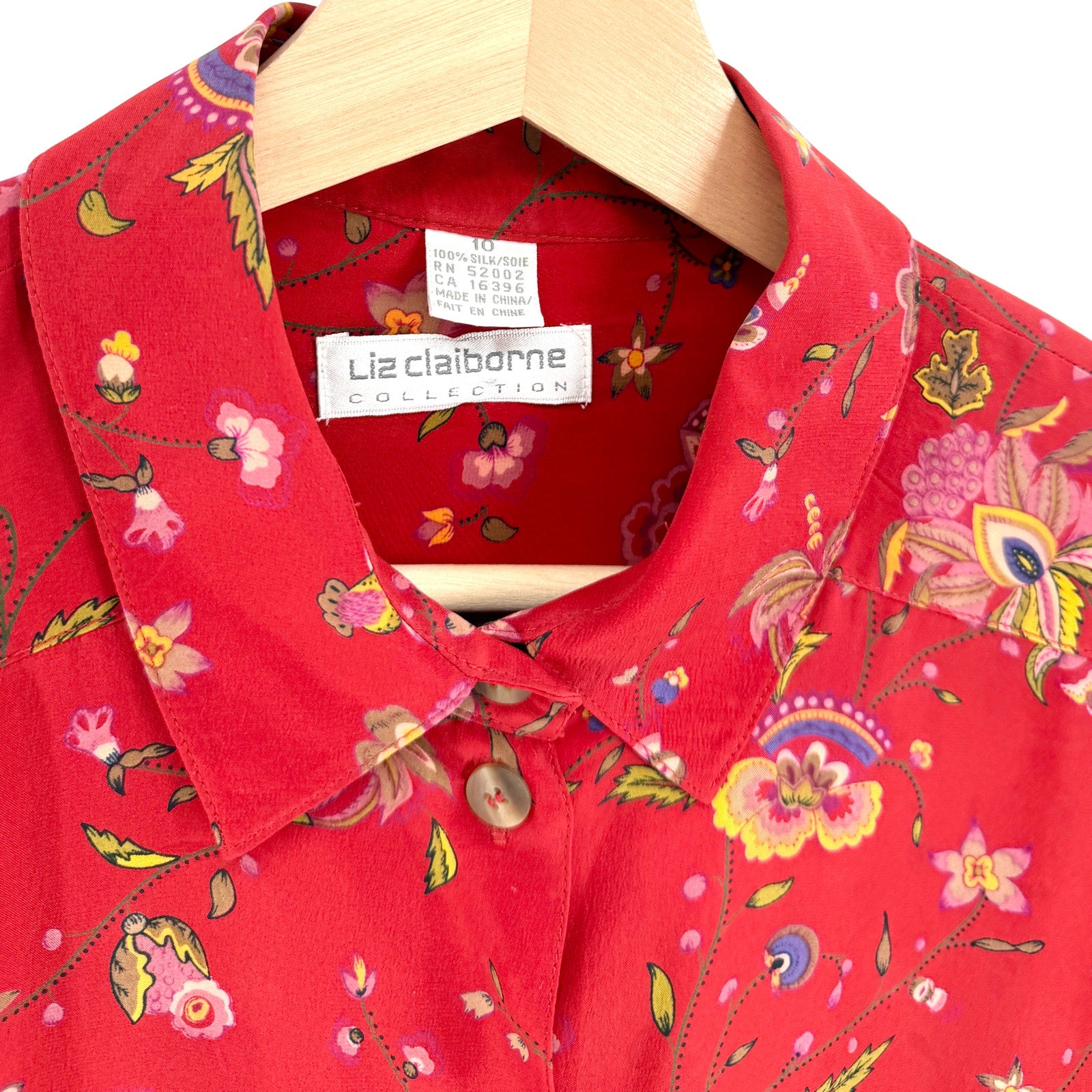 Vintage 90s Liz Claiborne Collection Red Floral 100% Silk Blouse